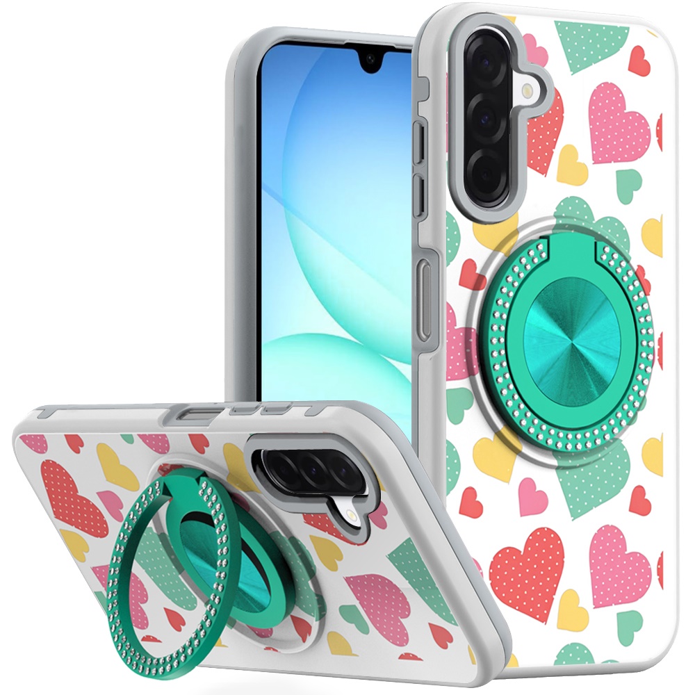for samsung a17 5g metal diamond cd pattern design matte finished hybrid with rotational ring [car mount friendly] case pastel hearts