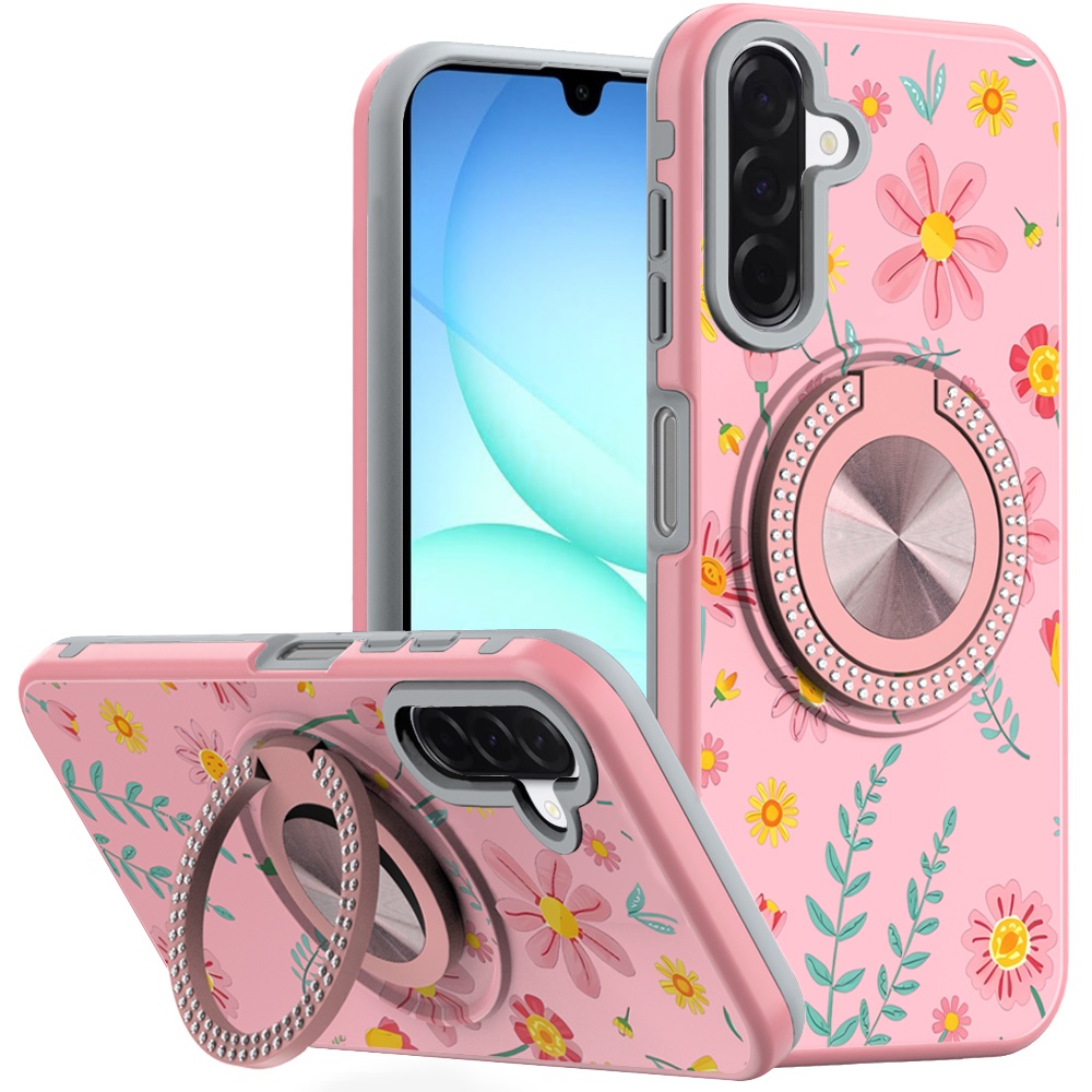 for samsung a17 5g metal diamond cd pattern design matte finished hybrid with rotational ring [car mount friendly] case pink with daisies and floral