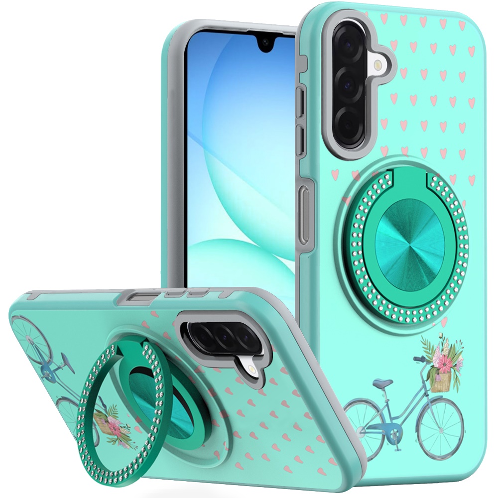 for samsung a17 5g metal diamond cd pattern design matte finished hybrid with rotational ring [car mount friendly] case teal bicycle with flowers