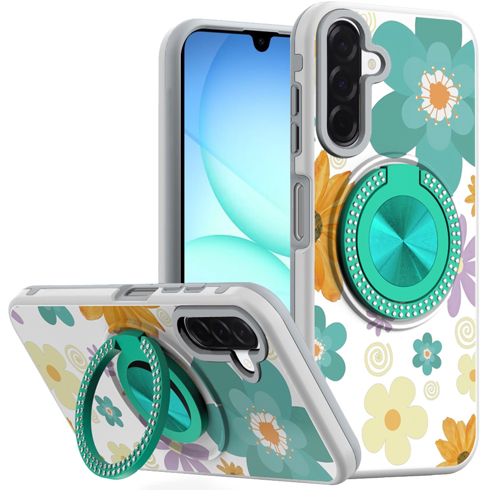 for samsung a17 5g metal diamond cd pattern design matte finished hybrid with rotational ring [car mount friendly] case yellow & purple flowers