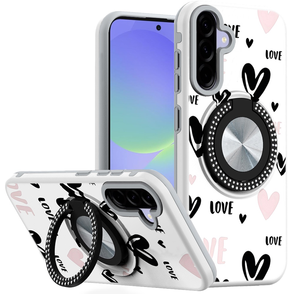 for samsung galaxy a37 metal diamond cd pattern design matte finished hybrid with rotational ring [car mount friendly] case 2