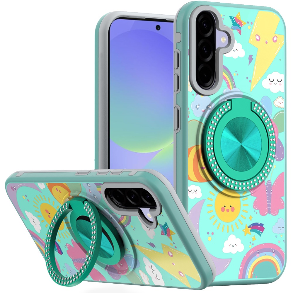 for samsung galaxy a37 metal diamond cd pattern design matte finished hybrid with rotational ring [car mount friendly] case aqua with celestial sun rainbows