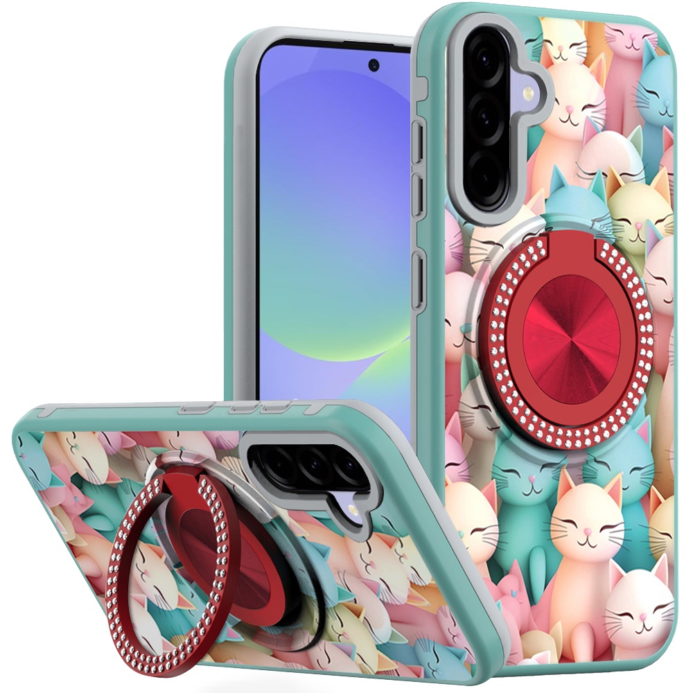 for samsung galaxy a37 metal diamond cd pattern design matte finished hybrid with rotational ring [car mount friendly] case cats