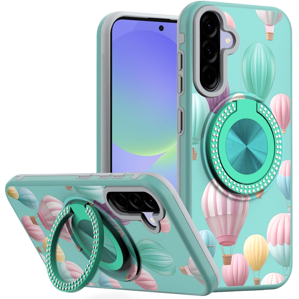 for samsung galaxy a37 metal diamond cd pattern design matte finished hybrid with rotational ring [car mount friendly] case hot air balloon