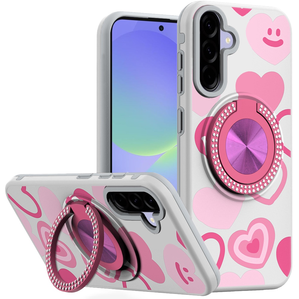 for samsung galaxy a37 metal diamond cd pattern design matte finished hybrid with rotational ring [car mount friendly] case hearts