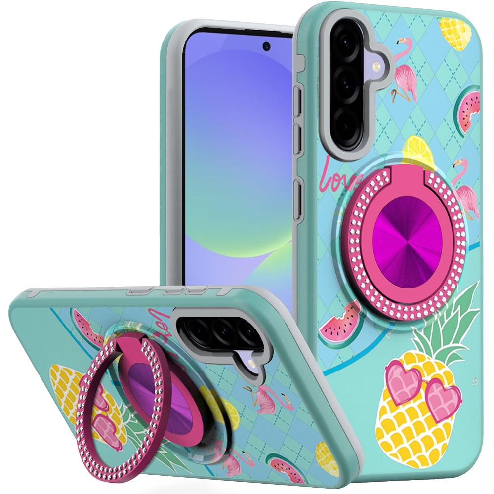 for samsung galaxy a37 metal diamond cd pattern design matte finished hybrid with rotational ring [car mount friendly] case pineapple