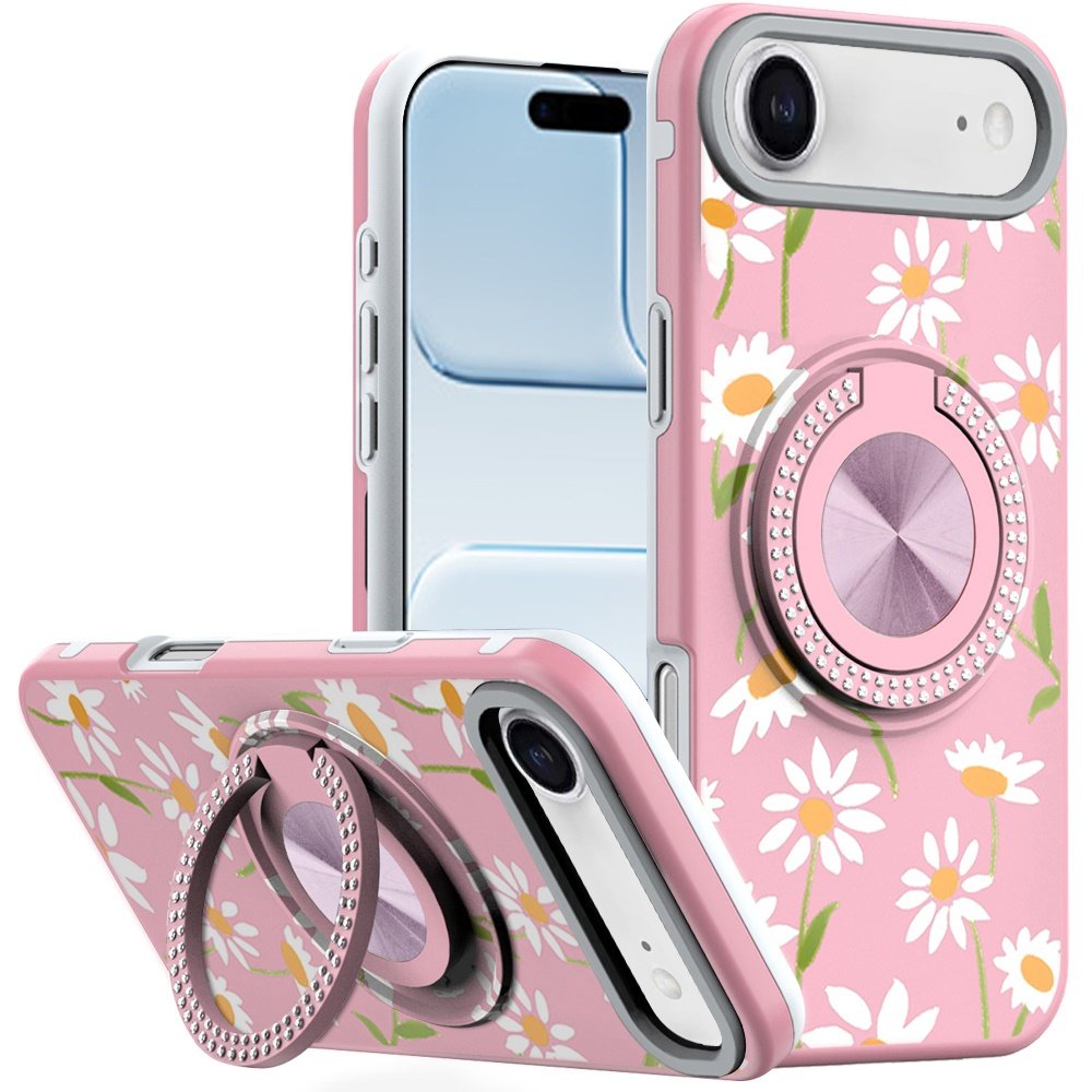 for iphone 17 air metal diamond cd pattern design matte finished hybrid with rotational ring [car mount friendly] case floral a