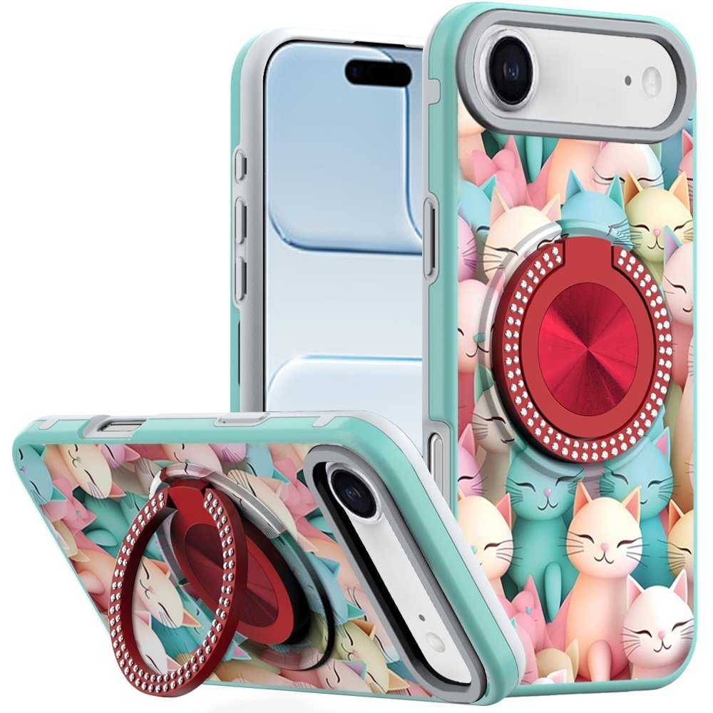 for iphone 17 air metal diamond cd pattern design matte finished hybrid with rotational ring [car mount friendly] case cats