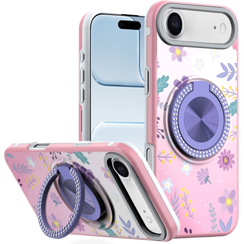 for iphone 17 air metal diamond cd pattern design matte finished hybrid with rotational ring [car mount friendly] case floral c