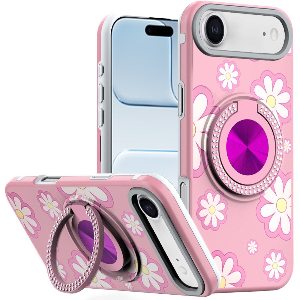 for iphone 17 air metal diamond cd pattern design matte finished hybrid with rotational ring [car mount friendly] case floral d