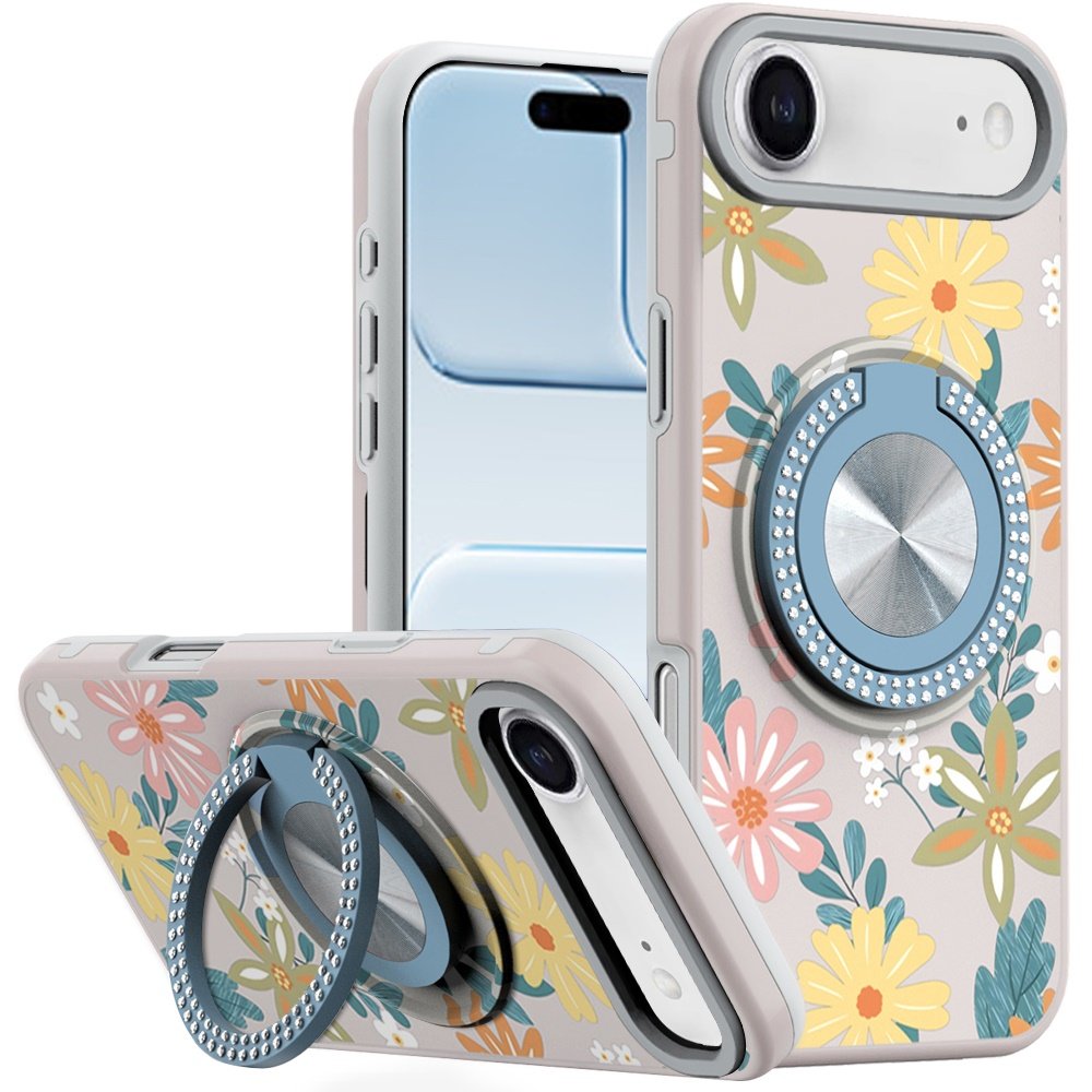 for iphone 17 air metal diamond cd pattern design matte finished hybrid with rotational ring [car mount friendly] case floral e