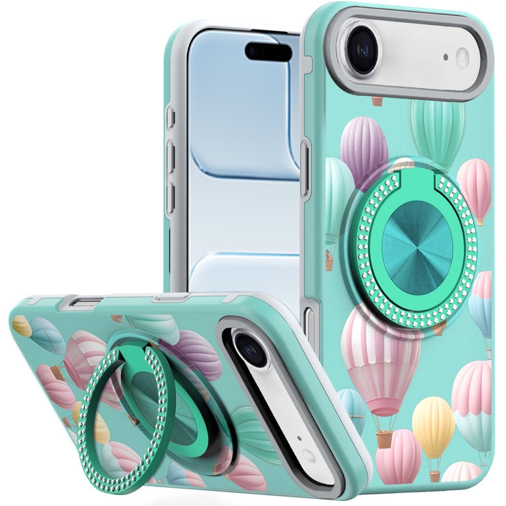 for iphone 17 air metal diamond cd pattern design matte finished hybrid with rotational ring [car mount friendly] case hot air balloon