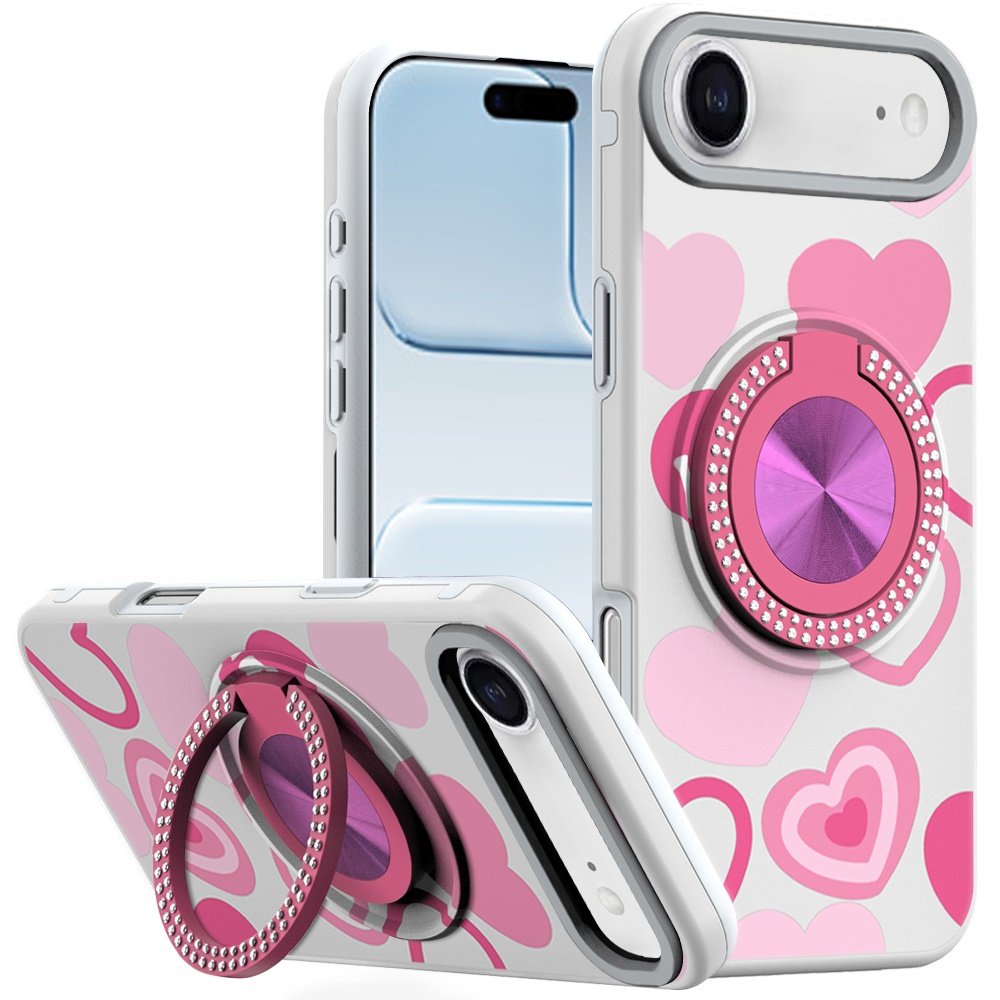 for iphone 17 air metal diamond cd pattern design matte finished hybrid with rotational ring [car mount friendly] case hearts