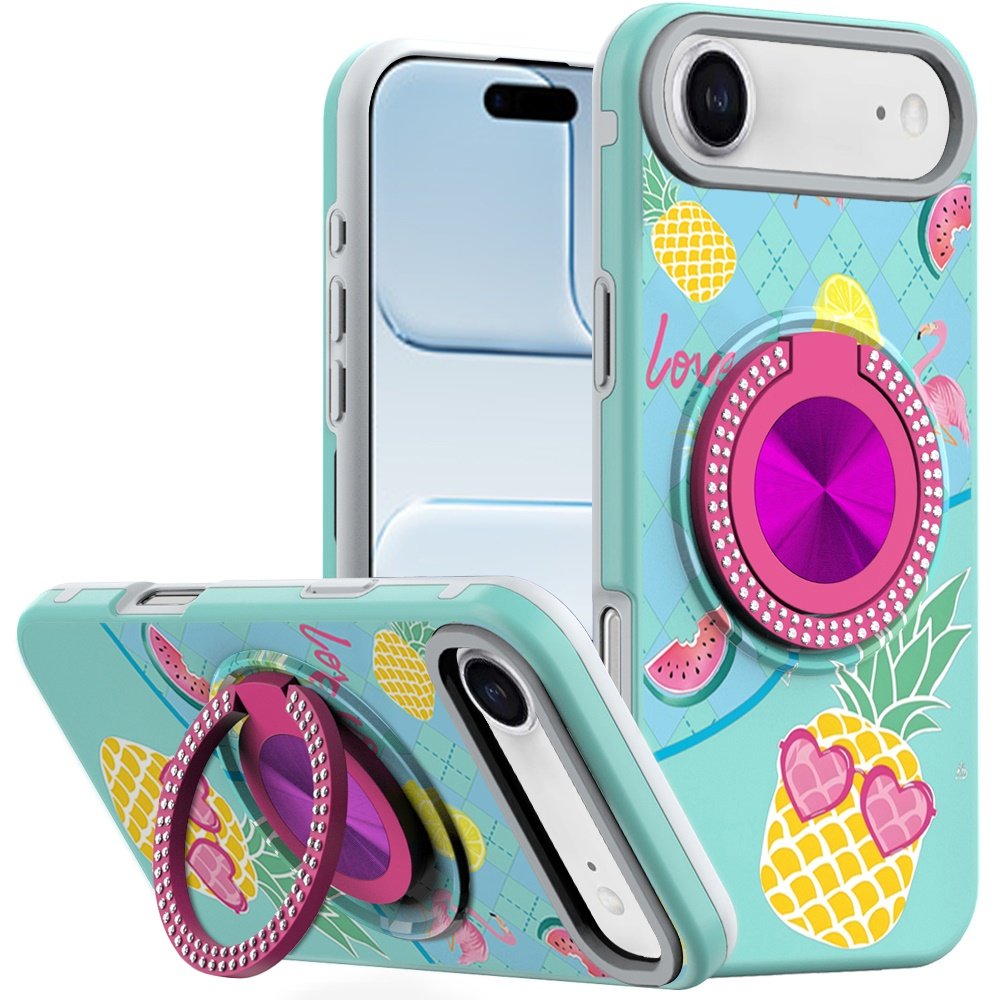 for iphone 17 air metal diamond cd pattern design matte finished hybrid with rotational ring [car mount friendly] case pineapple