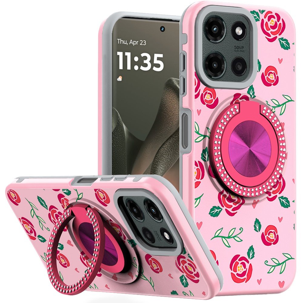 for motorola edge 2025 metal diamond cd pattern design matte finished hybrid with rotational ring [car mount friendly] case 10