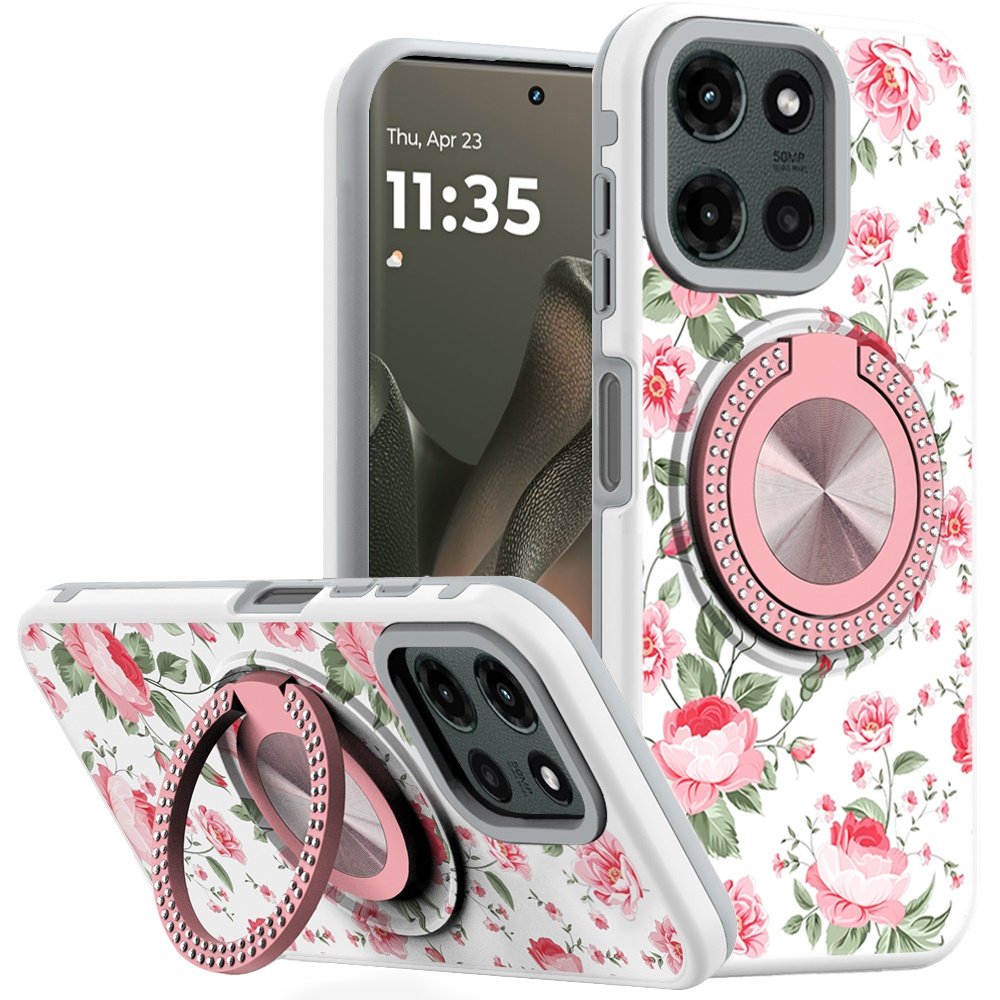 for motorola edge 2025 metal diamond cd pattern design matte finished hybrid with rotational ring [car mount friendly] case 11