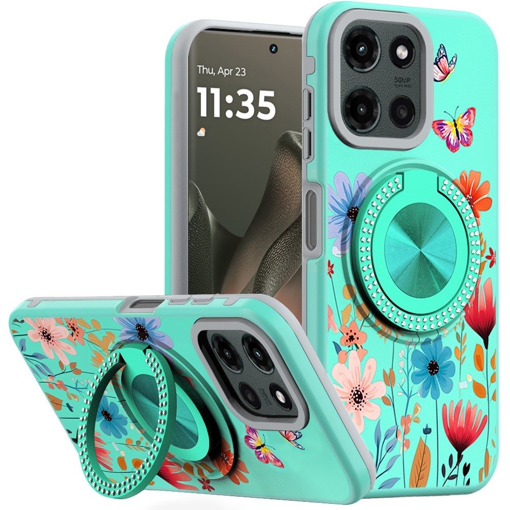 for motorola edge 2025 metal diamond cd pattern design matte finished hybrid with rotational ring [car mount friendly] case 12