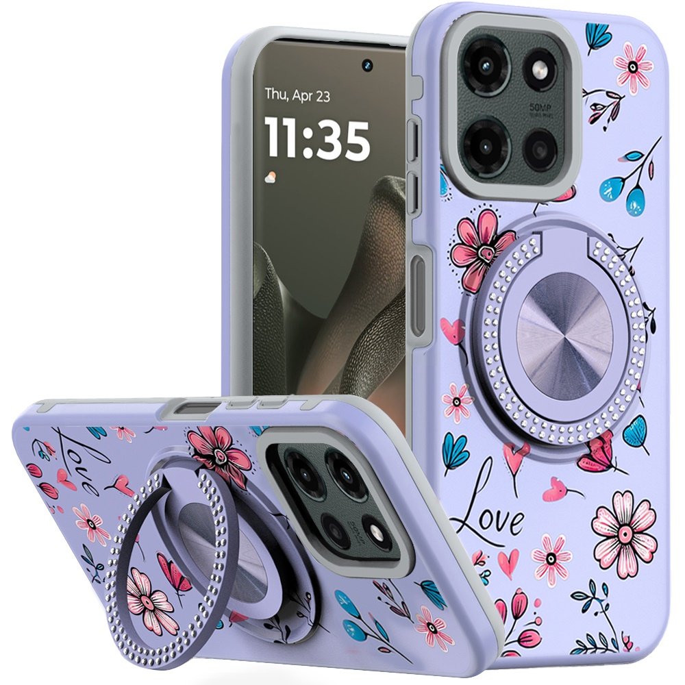 for motorola edge 2025 metal diamond cd pattern design matte finished hybrid with rotational ring [car mount friendly] case 13