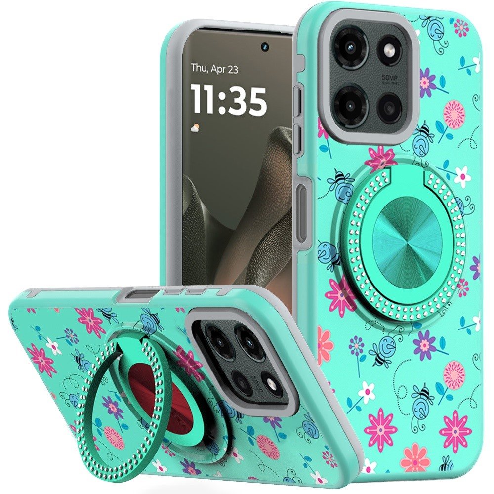 for motorola edge 2025 metal diamond cd pattern design matte finished hybrid with rotational ring [car mount friendly] case 6