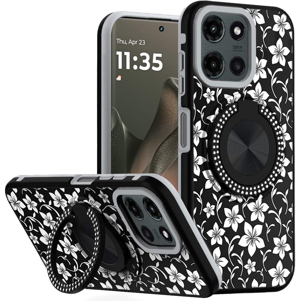 for motorola edge 2025 metal diamond cd pattern design matte finished hybrid with rotational ring [car mount friendly] case 7