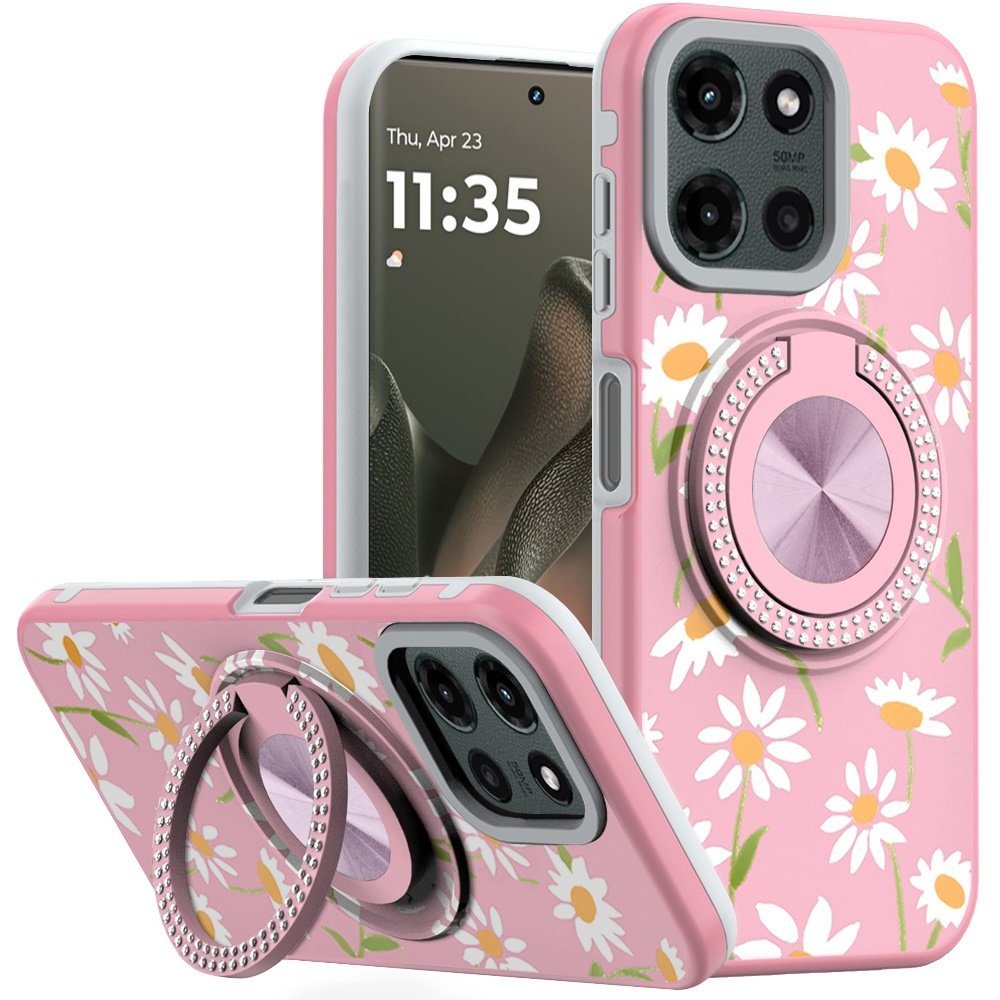 for motorola edge 2025 metal diamond cd pattern design matte finished hybrid with rotational ring [car mount friendly] case floral a