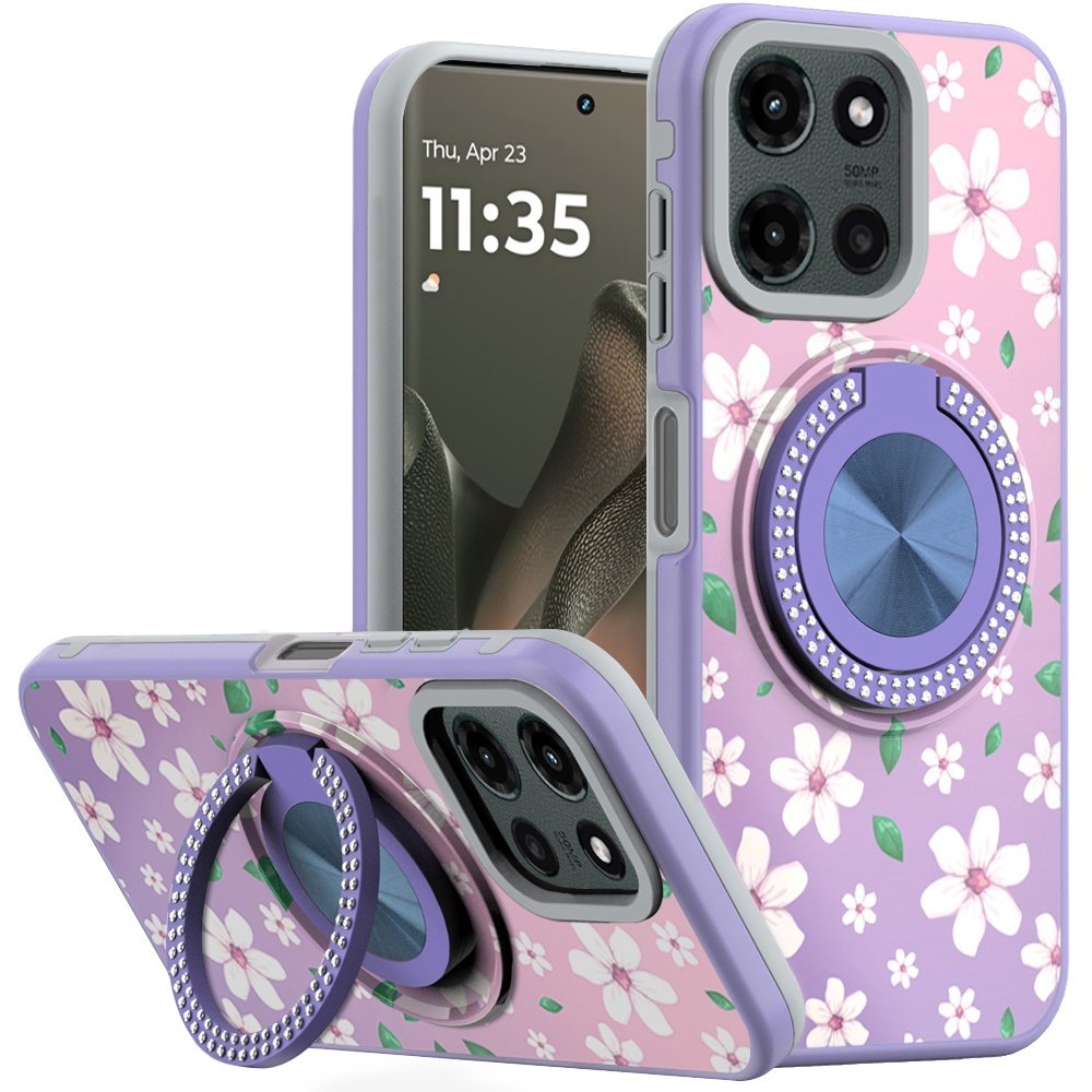 for motorola edge 2025 metal diamond cd pattern design matte finished hybrid with rotational ring [car mount friendly] case floral b