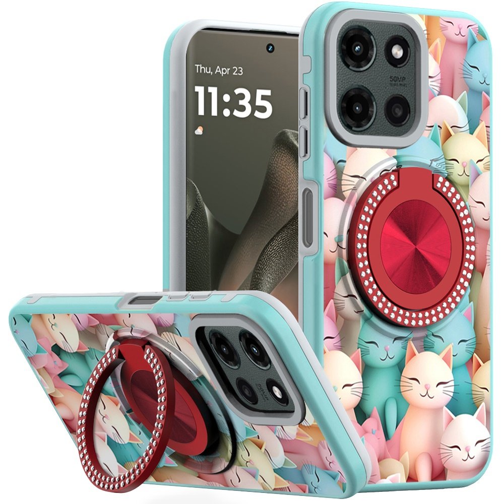 for motorola edge 2025 metal diamond cd pattern design matte finished hybrid with rotational ring [car mount friendly] case cats