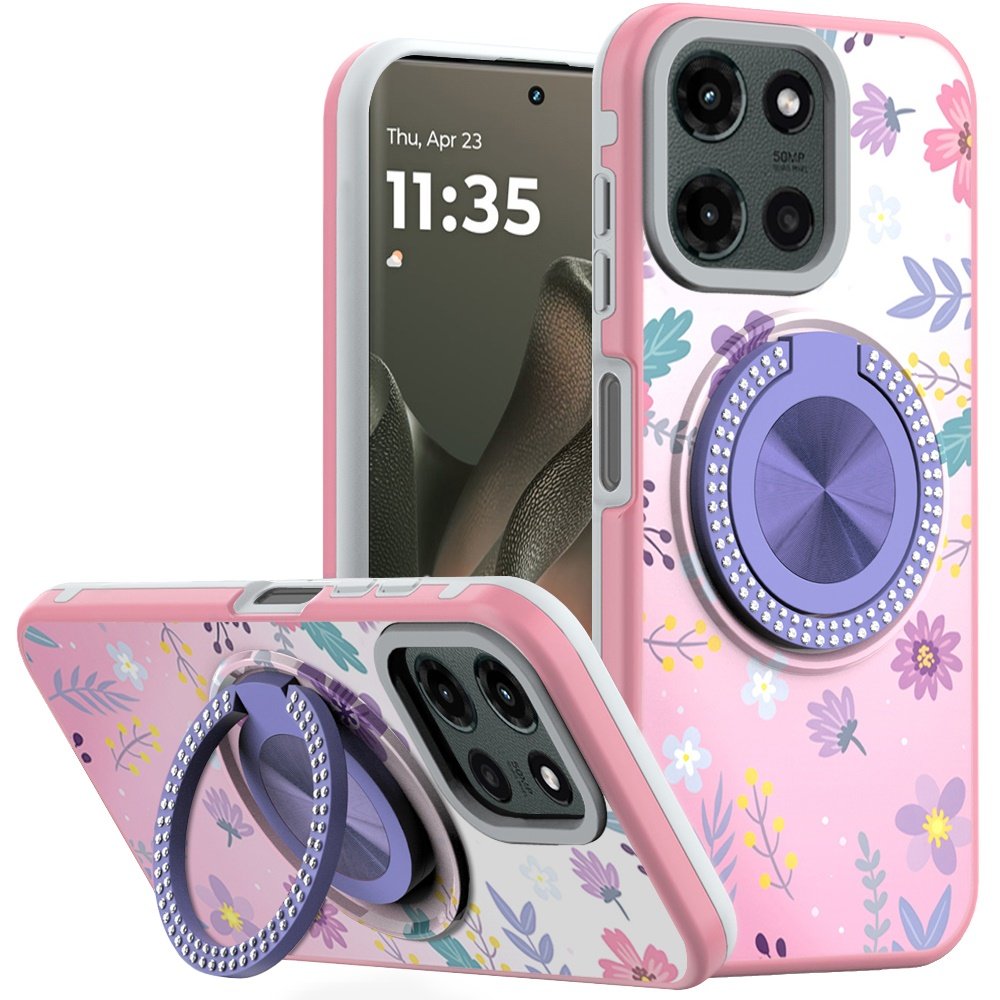 for motorola edge 2025 metal diamond cd pattern design matte finished hybrid with rotational ring [car mount friendly] case floral c
