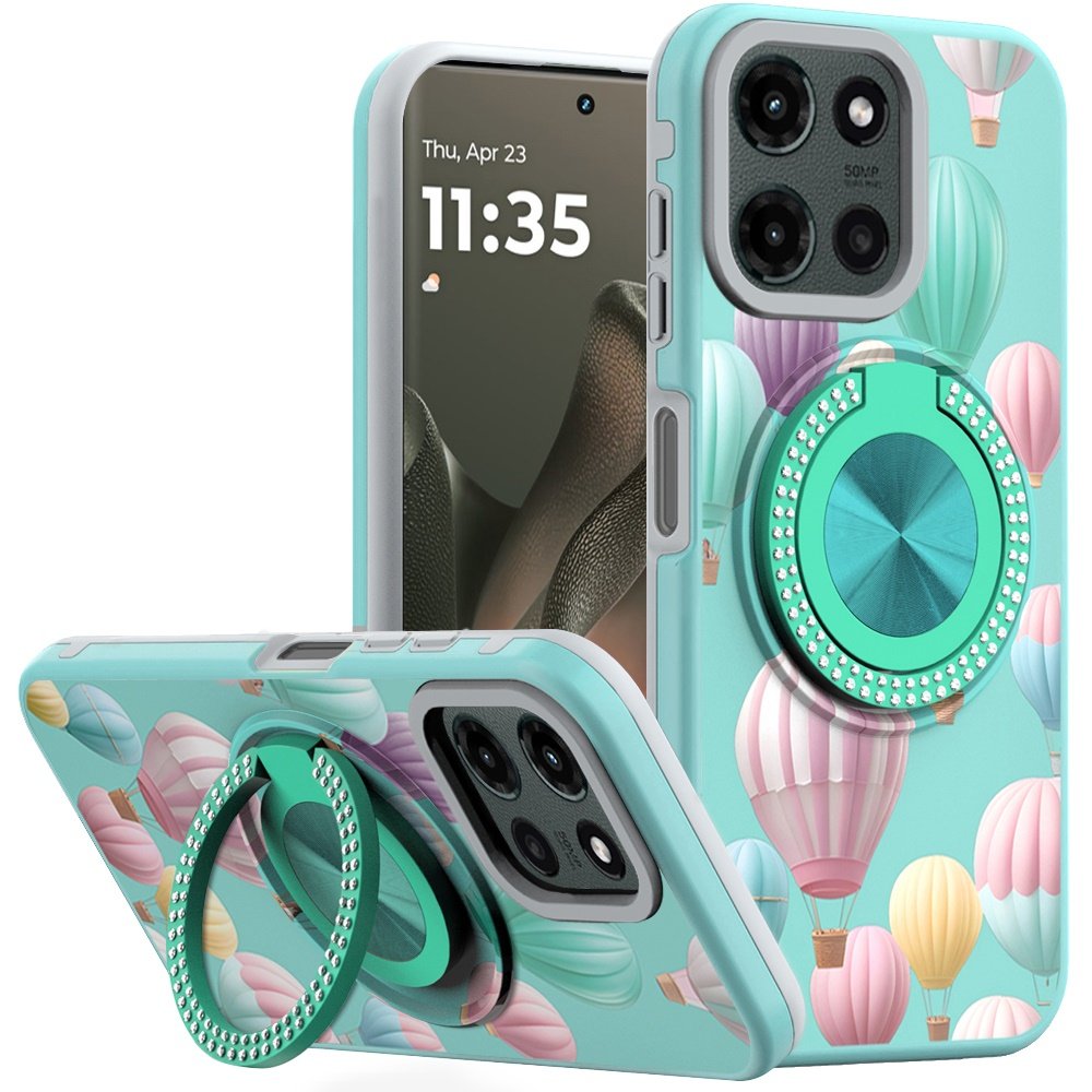 for motorola edge 2025 metal diamond cd pattern design matte finished hybrid with rotational ring [car mount friendly] case hot air balloon