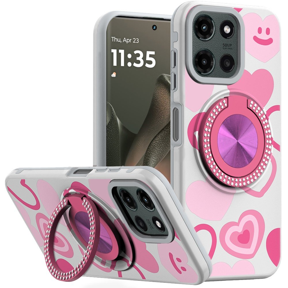 for motorola edge 2025 metal diamond cd pattern design matte finished hybrid with rotational ring [car mount friendly] case hearts