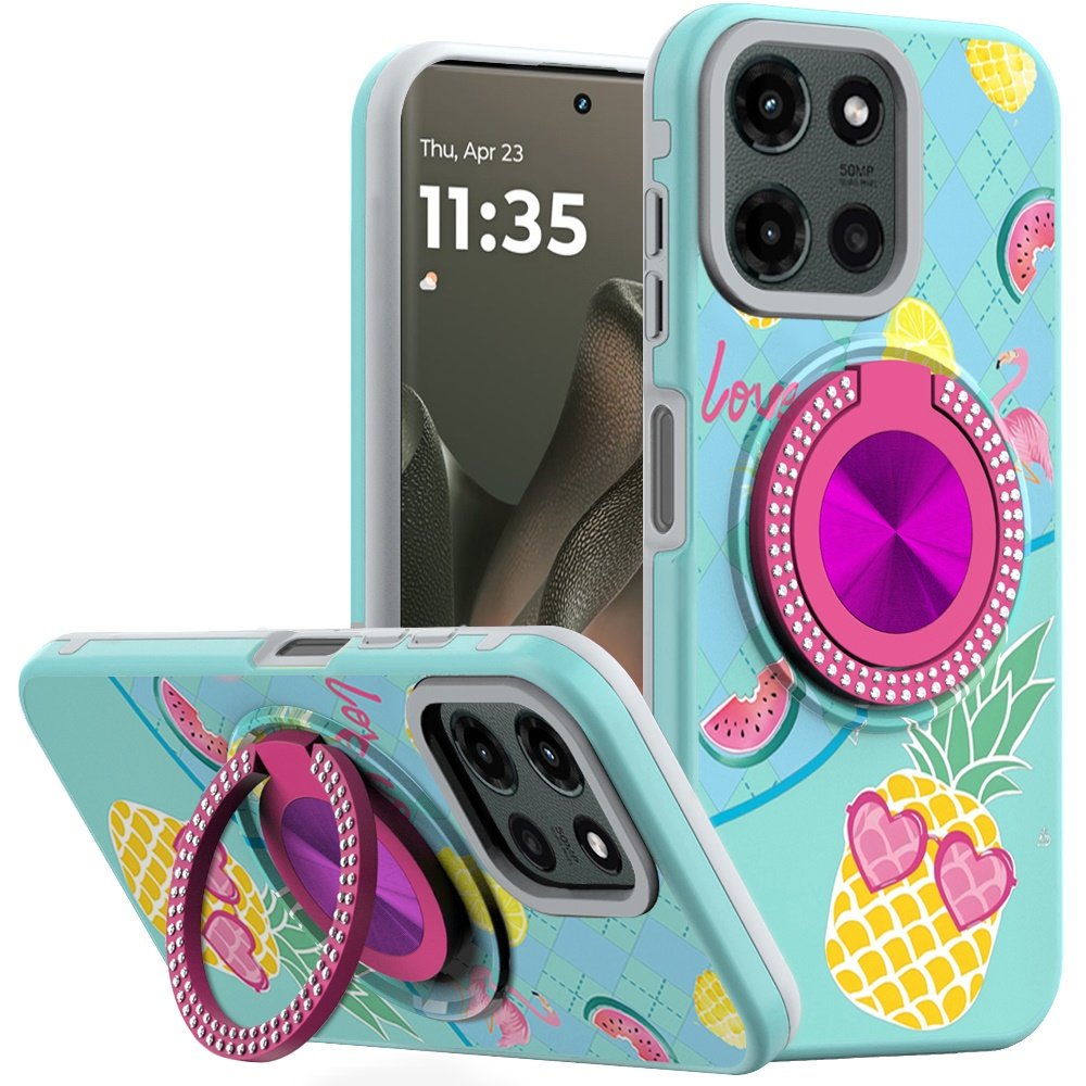 for motorola edge 2025 metal diamond cd pattern design matte finished hybrid with rotational ring [car mount friendly] case pineapple