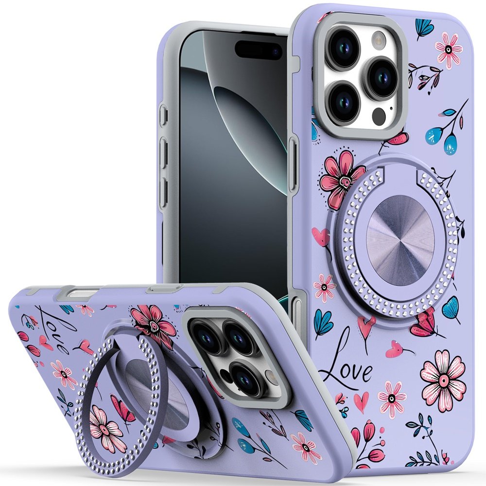for iphone 16 pro max 6.9 inch metal diamond cd pattern design matte finished hybrid with rotational ring [car mount friendly] case 13