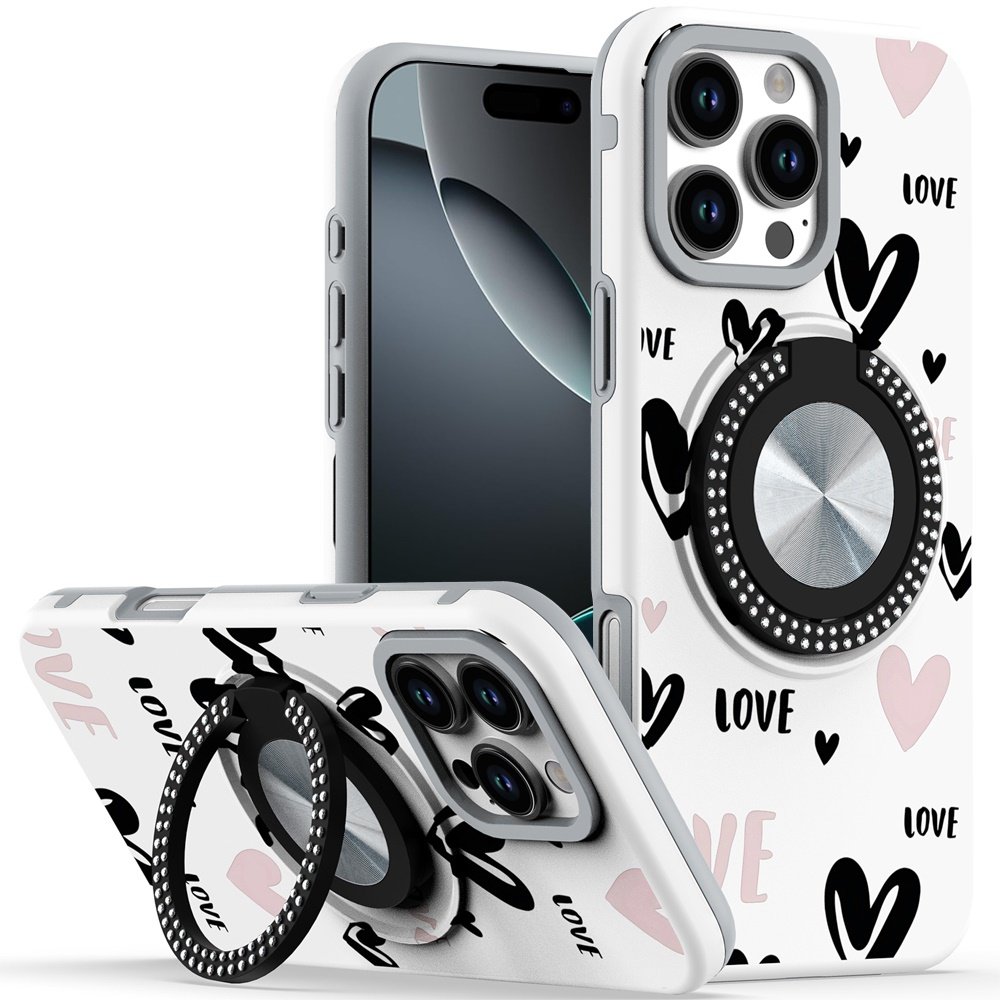 for iphone 16 pro max 6.9 inch metal diamond cd pattern design matte finished hybrid with rotational ring [car mount friendly] case 2
