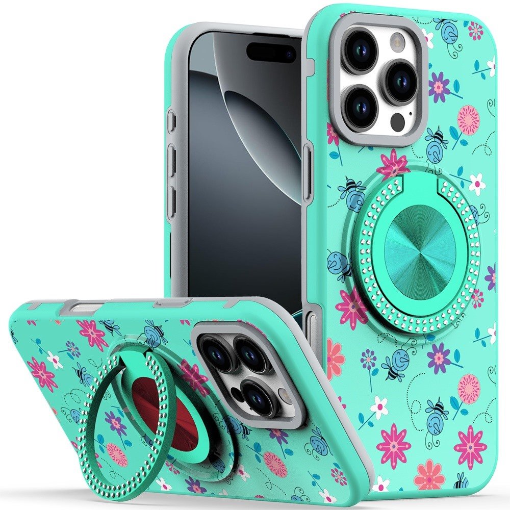 for iphone 16 pro max 6.9 inch metal diamond cd pattern design matte finished hybrid with rotational ring [car mount friendly] case 6