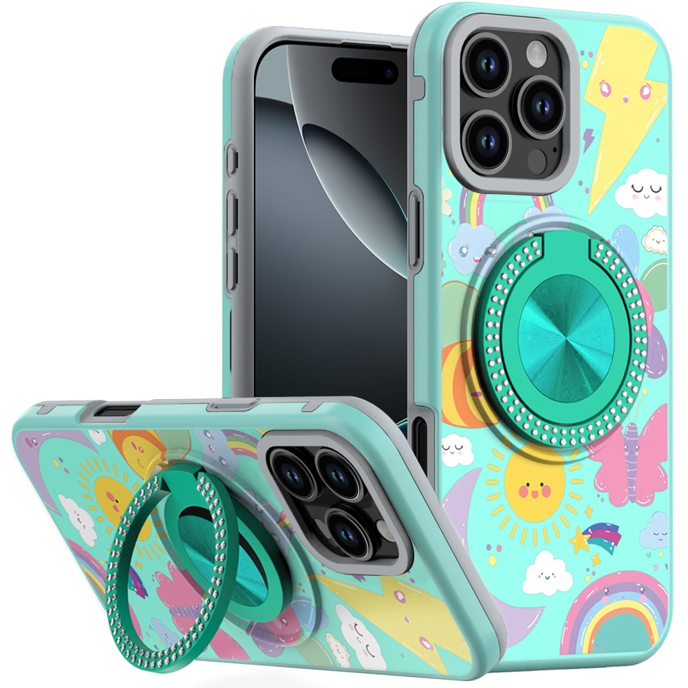 for iphone 16 pro max 6.9 metal diamond cd pattern design matte finished hybrid with rotational ring [car mount friendly] case aqua with celestial sun rainbows