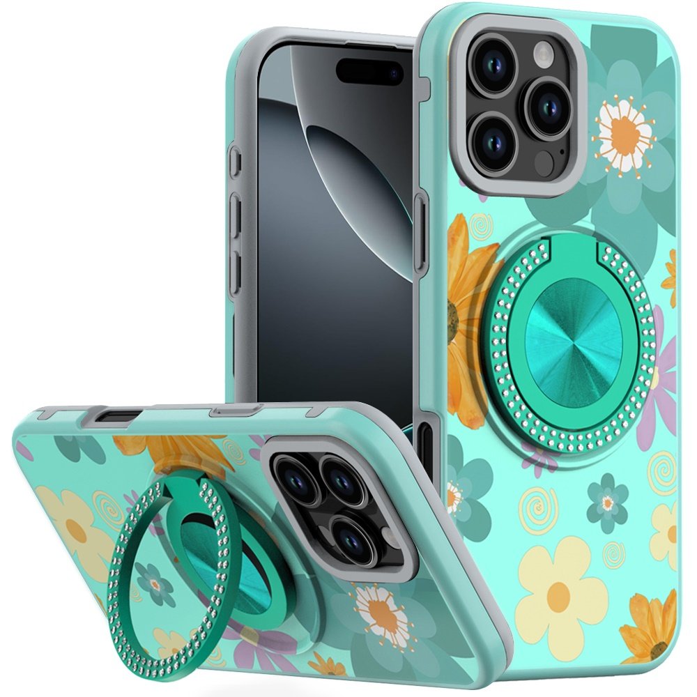 for iphone 16 pro max 6.9 metal diamond cd pattern design matte finished hybrid with rotational ring [car mount friendly] case aqua floral & leaves
