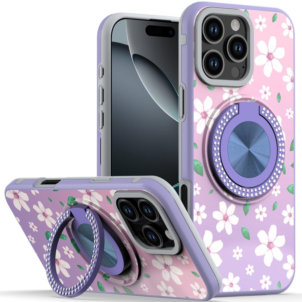 for iphone 16 pro max 6.9 inch metal diamond cd pattern design matte finished hybrid with rotational ring [car mount friendly] case floral b