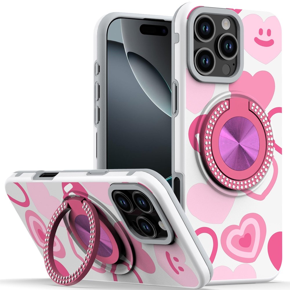 for iphone 16 pro max 6.9 inch metal diamond cd pattern design matte finished hybrid with rotational ring [car mount friendly] case hearts