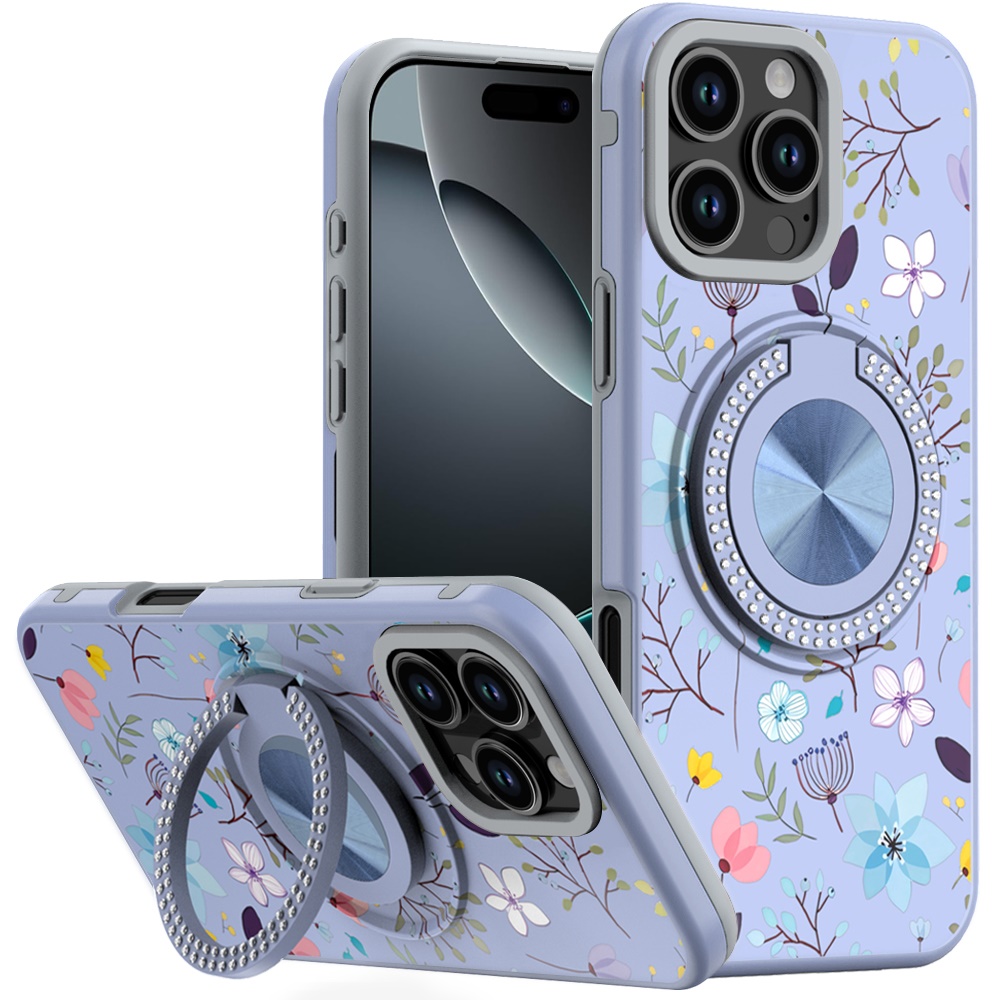 for iphone 16 pro max 6.9 metal diamond cd pattern design matte finished hybrid with rotational ring [car mount friendly] case lavender floral