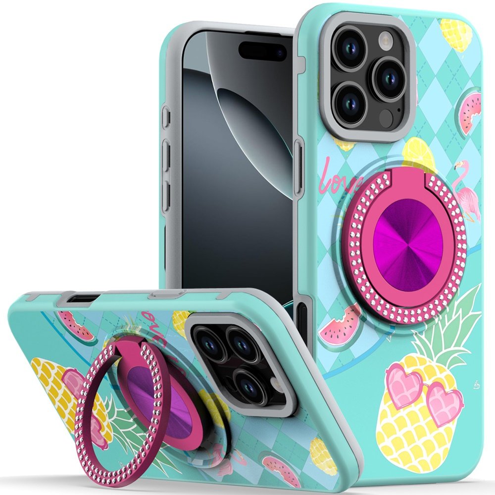 for iphone 16 pro max 6.9 inch metal diamond cd pattern design matte finished hybrid with rotational ring [car mount friendly] case pineapple