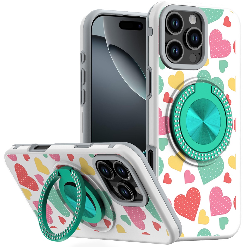 for iphone 16 pro max 6.9 metal diamond cd pattern design matte finished hybrid with rotational ring [car mount friendly] case pastel hearts