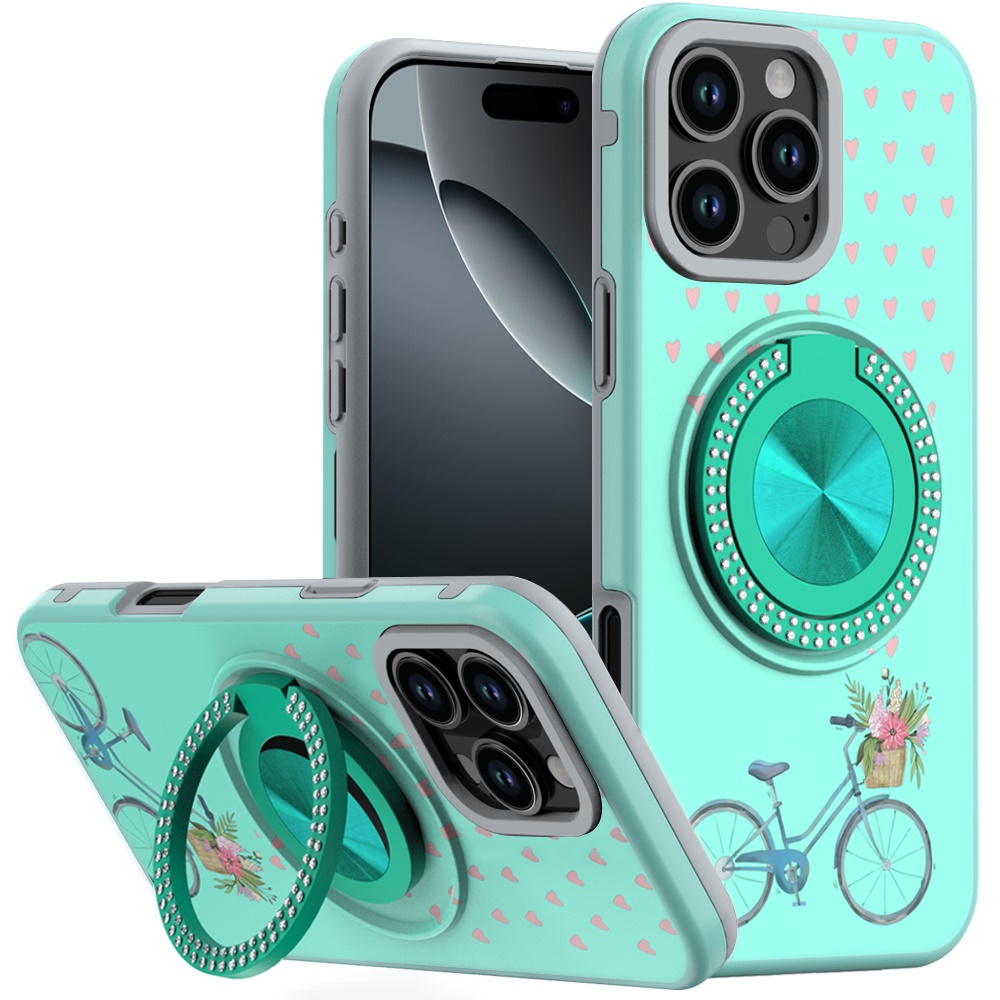 for iphone 16 pro max 6.9 metal diamond cd pattern design matte finished hybrid with rotational ring [car mount friendly] case teal bicycle with flowers