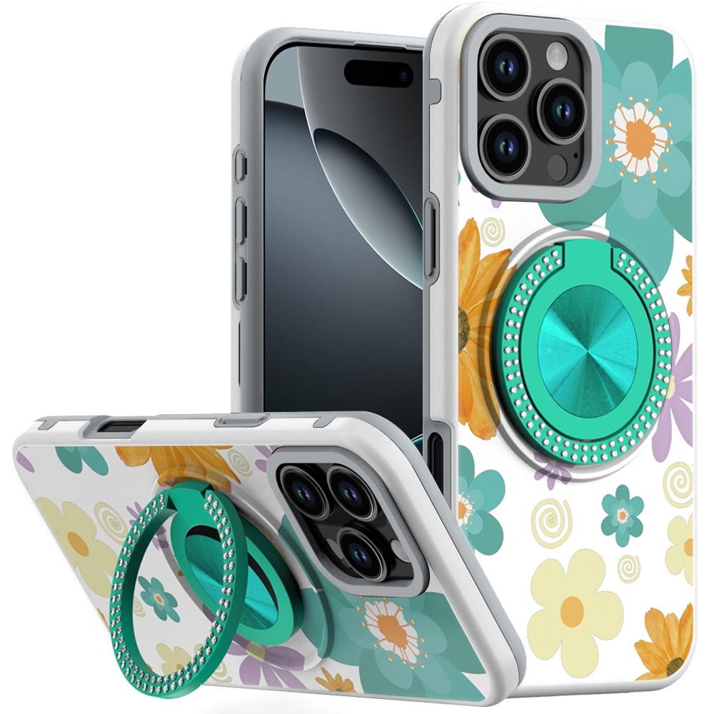 for iphone 16 pro max 6.9 metal diamond cd pattern design matte finished hybrid with rotational ring [car mount friendly] case yellow & purple flowers