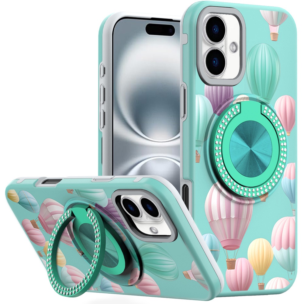 for iphone 16 plus 6.7 inch metal diamond cd pattern design matte finished hybrid with rotational ring [car mount friendly] case hot air balloon