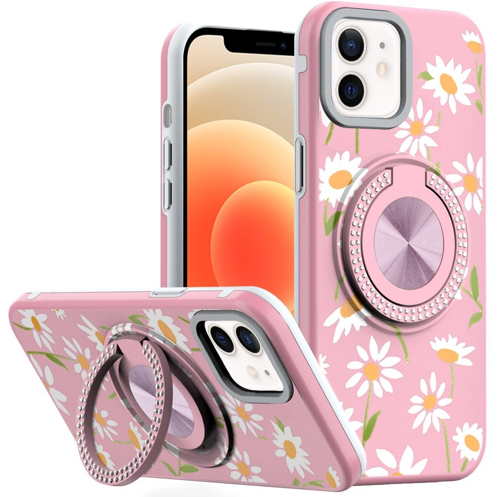 for iphone 16 pro 6.3 inch metal diamond cd pattern design matte finished hybrid with rotational ring [car mount friendly] case floral a