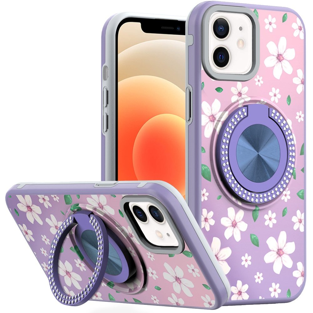 for iphone 16 pro 6.3 inch metal diamond cd pattern design matte finished hybrid with rotational ring [car mount friendly] case floral b