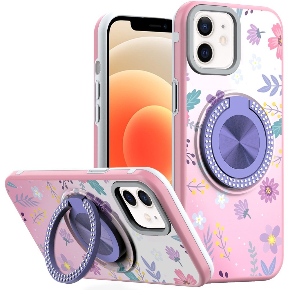 for iphone 16 pro 6.3 inch metal diamond cd pattern design matte finished hybrid with rotational ring [car mount friendly] case floral c