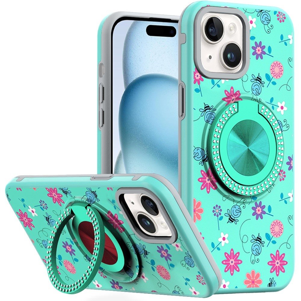 for iphone 15 metal diamond cd pattern design matte finished hybrid with rotational ring [car mount friendly] case 6