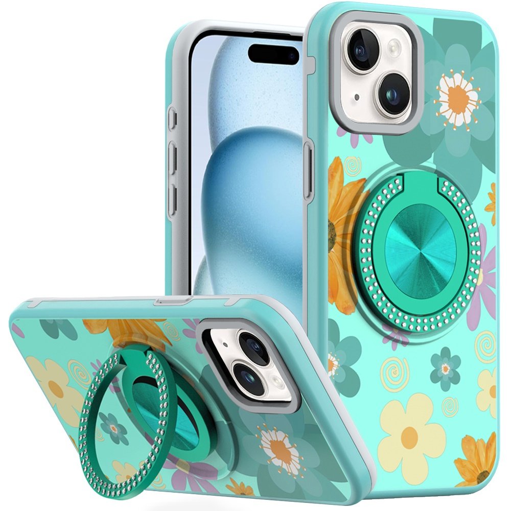 for iphone 15 metal diamond cd pattern design matte finished hybrid with rotational ring [car mount friendly] case aqua floral & leaves