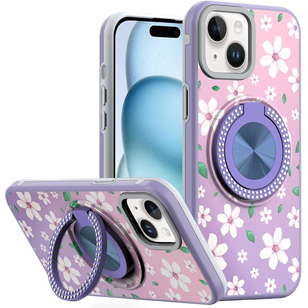 for iphone 15 metal diamond cd pattern design matte finished hybrid with rotational ring [car mount friendly] case floral b